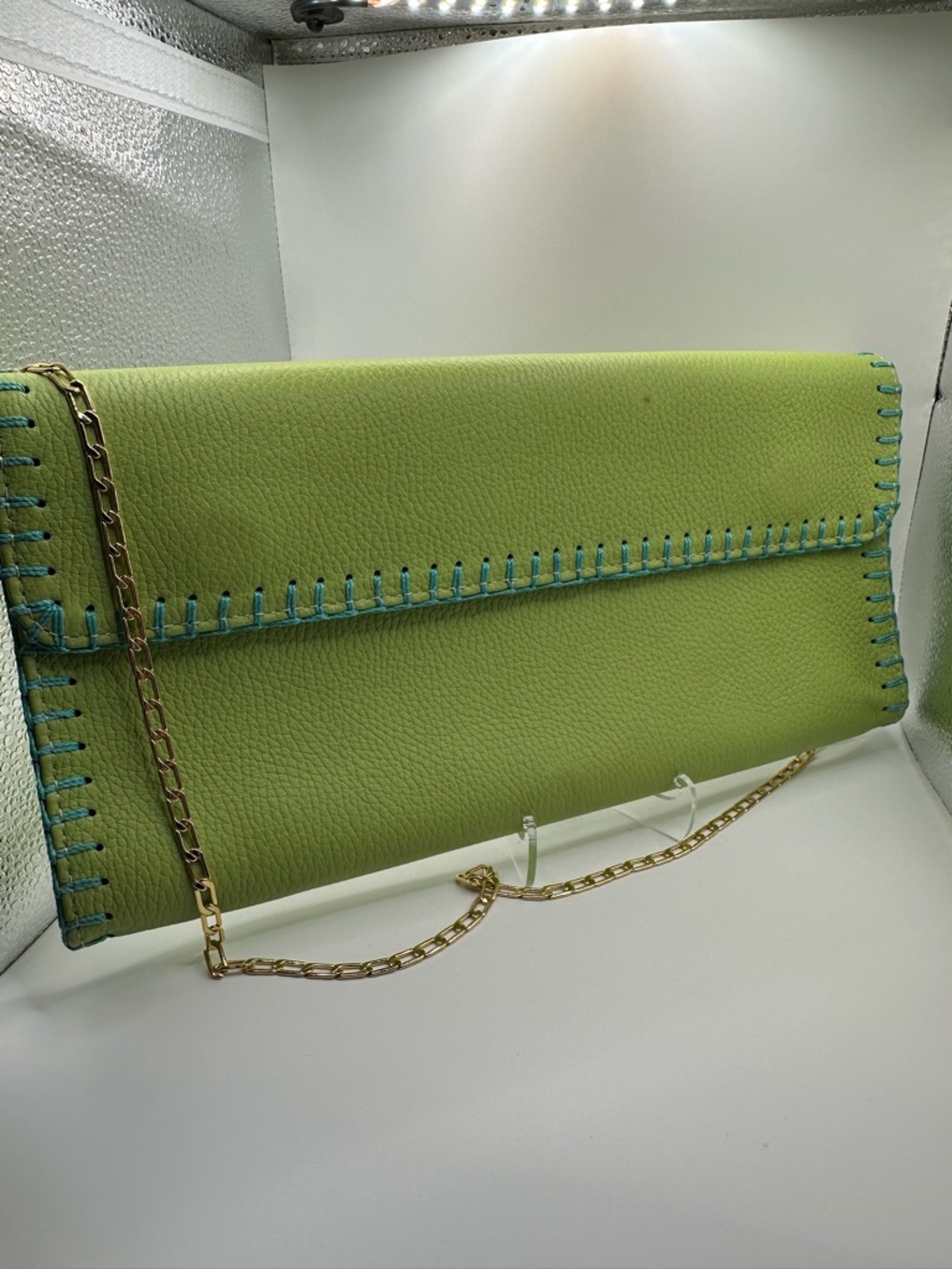 Carlos Falchi Lime Green Leather Clutch with Turquoise Whipstitch and Gold Chain